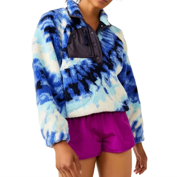 NWT Free People Movement Rocky Ridge Pullover Tie Dye Blue Sherpa - Picture 1 of 11